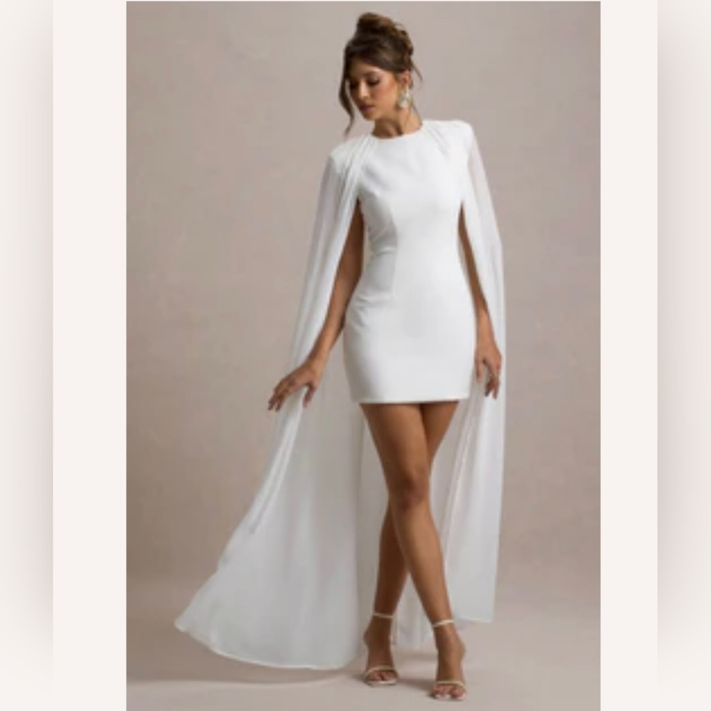 Elysium White Bodycon Mini Dress With Chiffon Cape size 6 in white